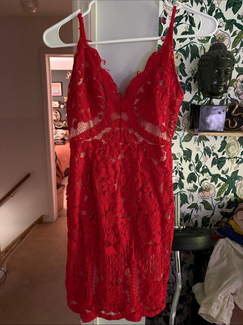 Red Lace Spaghetti Strap Slip Dress